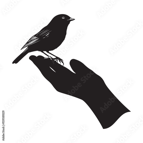 Silhouette Bird Sitting On Hand Vectors and  Illustrations isolated on white background.