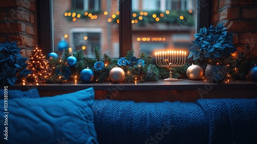 Comfortable lounge space ornamented with shimmering garlands in blue and gold, with a menorah casting light onto the evening. photo