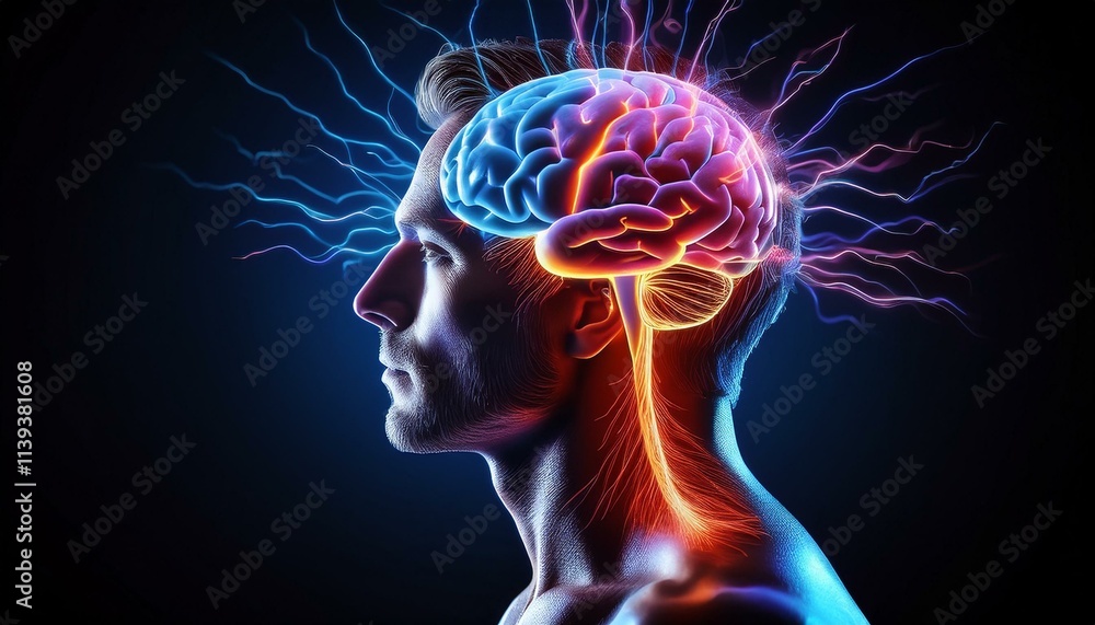 A man's brain is depicted with vibrant colors, showcasing neural pathways and energy. A man's brain is depicted with vibrant colors, showcasing neural pathways and energy.