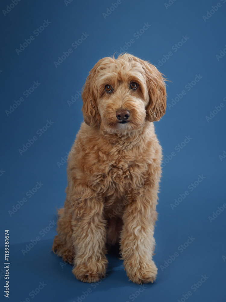A Labradoodle with curly fur sits and looks to the side, set against a blue background. A Labradoodle with curly fur sits and looks to the side, set against a blue background.