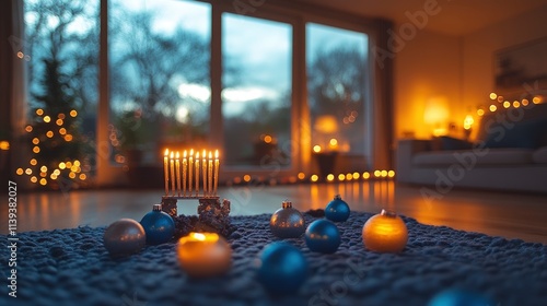 A homely living area embellished with silver and blue decorations, a brightly lit menorah on display, and dreidels adding a playful touch to the decor. photo