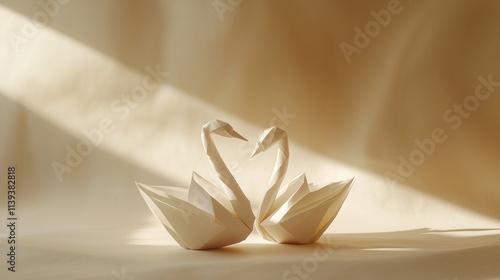 A minimalist arrangement of folded paper swans, softly lit against a neutral matte backdrop. photo