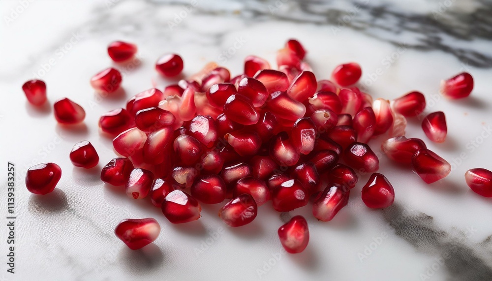 Pile of juicy pomegranate arils on a marble surface. Pile of juicy pomegranate arils on a marble surface.