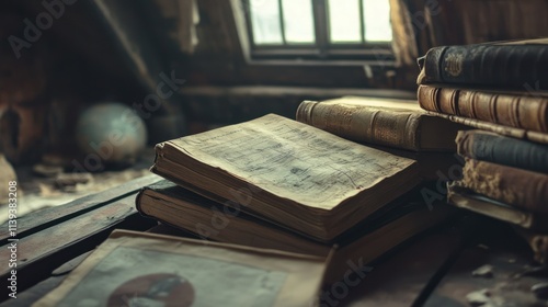 Old Books with Handwritten Notes and Diagrams in an Attic