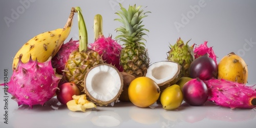 A colorful assortment of tropical fruits, including yellow and red dragon fruits, pineapples, and exotic coconuts, displayed vibrantly on a neutral background photo