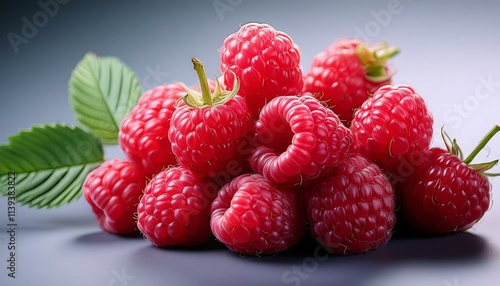 A pile of fresh raspberries with green leaves.