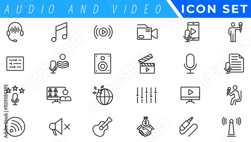 Audio and video web icons set in thin line design. Pack of camera movie, voice, radio, music streaming, photography, headphones, cinema, podcast, broadcasting, other.