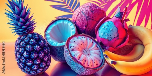 A colorful assortment of tropical fruits, including yellow and red dragon fruits, pineapples, and exotic coconuts, displayed vibrantly on a neutral background photo