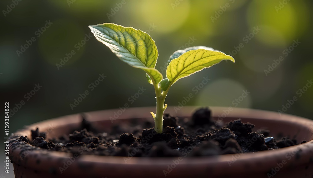 Small Leafy Seedling Growing in a Terracotta Pot