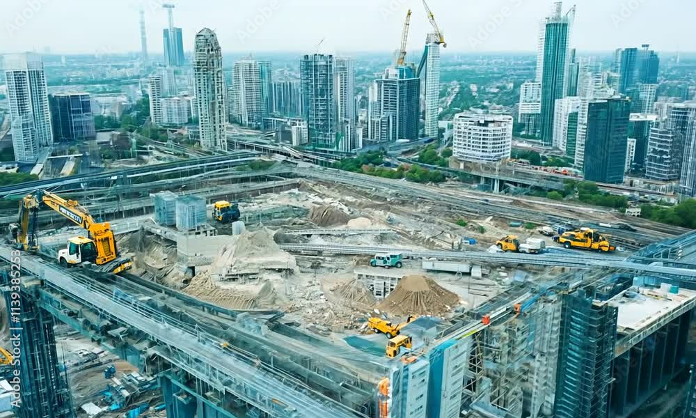 Aerial view of a construction site with cranes and buildings.