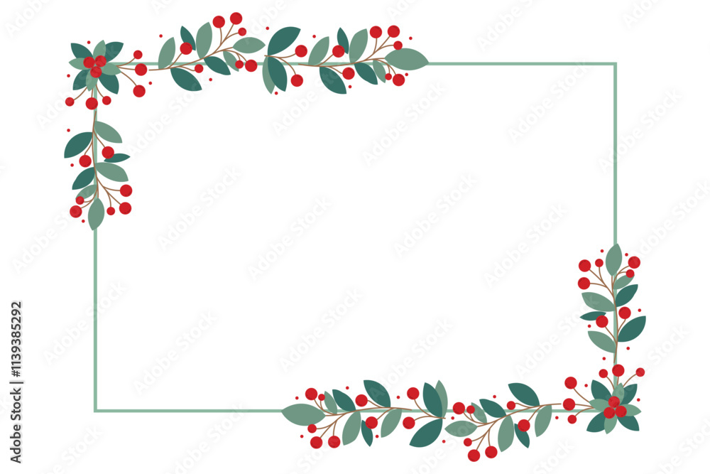 Rectangular Frame With Beautiful Red Cherry Berries And Green Leaves Rectangular Frame With Beautiful Red Cherry Berries And Green Leaves