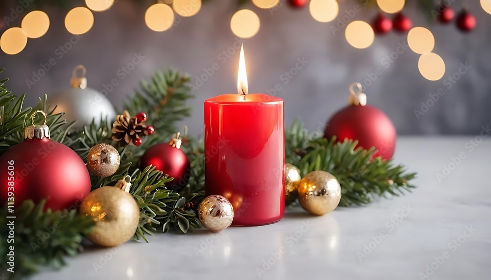 A Festive Christmas Candlelit Scene with Ornaments and Evergreen Branches A Festive Christmas Candlelit Scene with Ornaments and Evergreen Branches