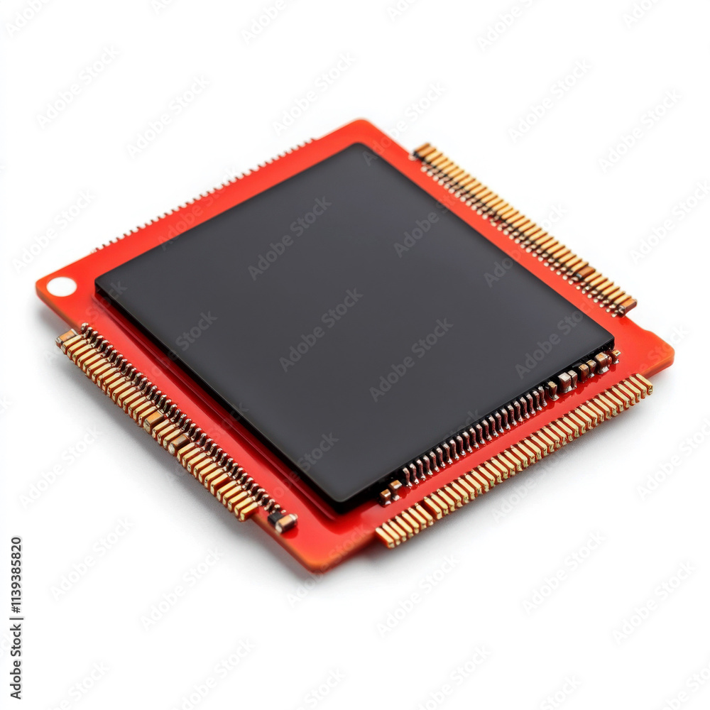 A close-up of a modern computer microchip on a white background. A close-up of a modern computer microchip on a white background.