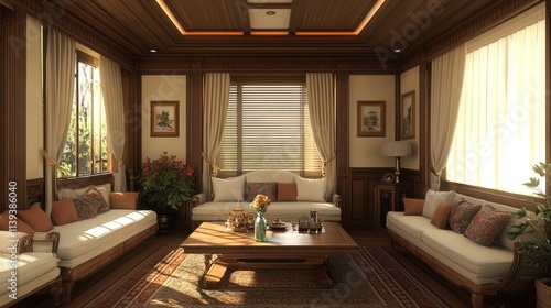 Elegant Living Room Interior Design: A Luxurious Space Bathed in Warm Sunlight