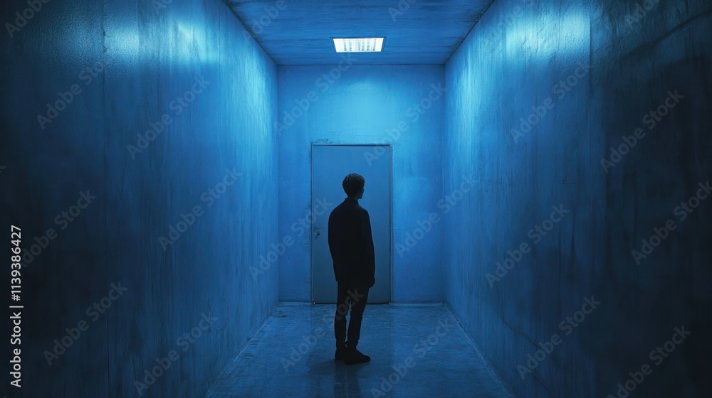 Silhouette of a Person Standing in a Blue Hallway Silhouette of a Person Standing in a Blue Hallway