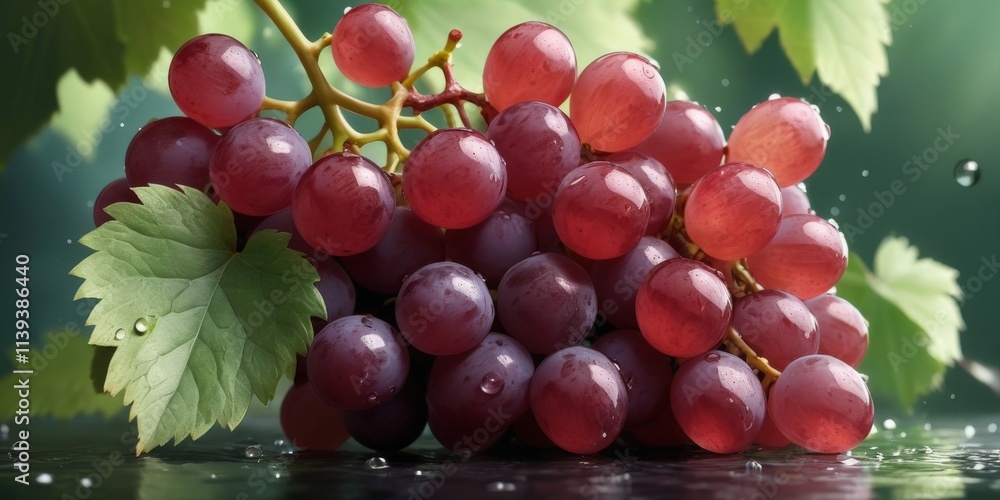 A fresh cluster of red grapes covered in water droplets hangs on a vine, surrounded by vibrant green leaves, illuminated by soft natural light A fresh cluster of red grapes covered in water droplets hangs on a vine, surrounded by vibrant green leaves, illuminated by soft natural light