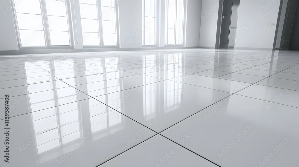 Fototapeta premium Bright and Spacious Modern Interior with Clean White Tile Floor Reflecting Natural Light and Windows in a Contemporary Design Setting