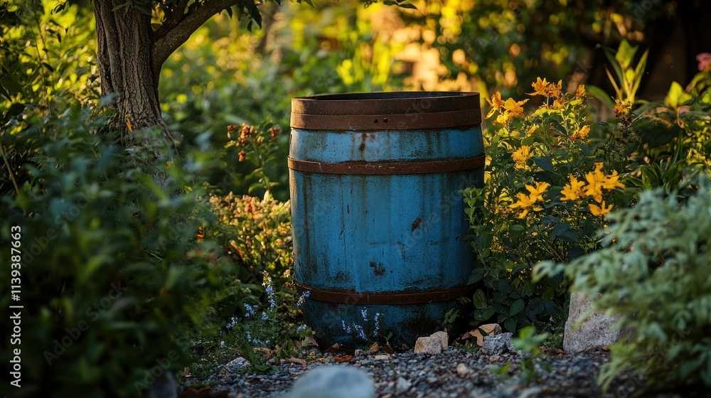Rustic Charm: A Blue Barrel in a Sun-Drenched Garden Rustic Charm: A Blue Barrel in a Sun-Drenched Garden
