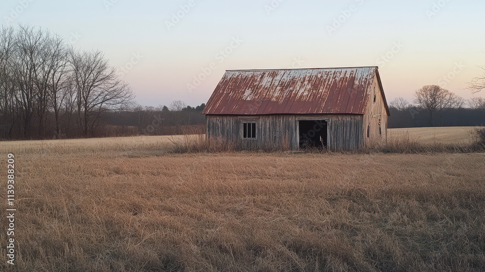 Rustic Old Barn in Winter Field at Sunset Rustic Old Barn in Winter Field at Sunset