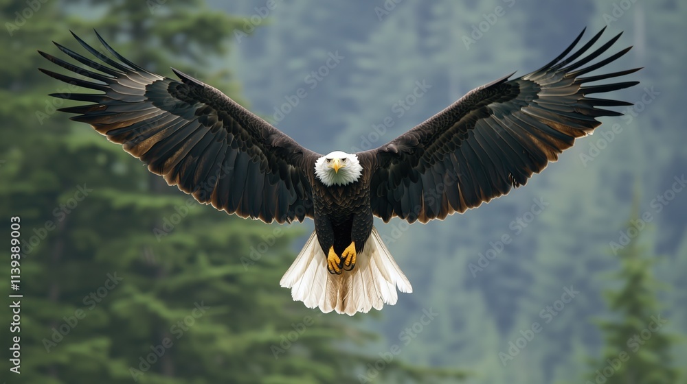Majestic Bald Eagle Soaring Over Lush Alaskan Wilderness Majestic Bald Eagle Soaring Over Lush Alaskan Wilderness