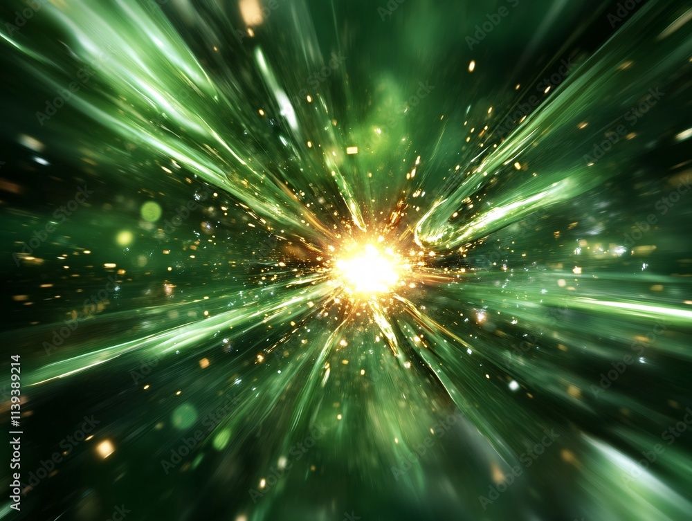Dynamic explosion of light and particles in a vibrant green space. Dynamic explosion of light and particles in a vibrant green space.