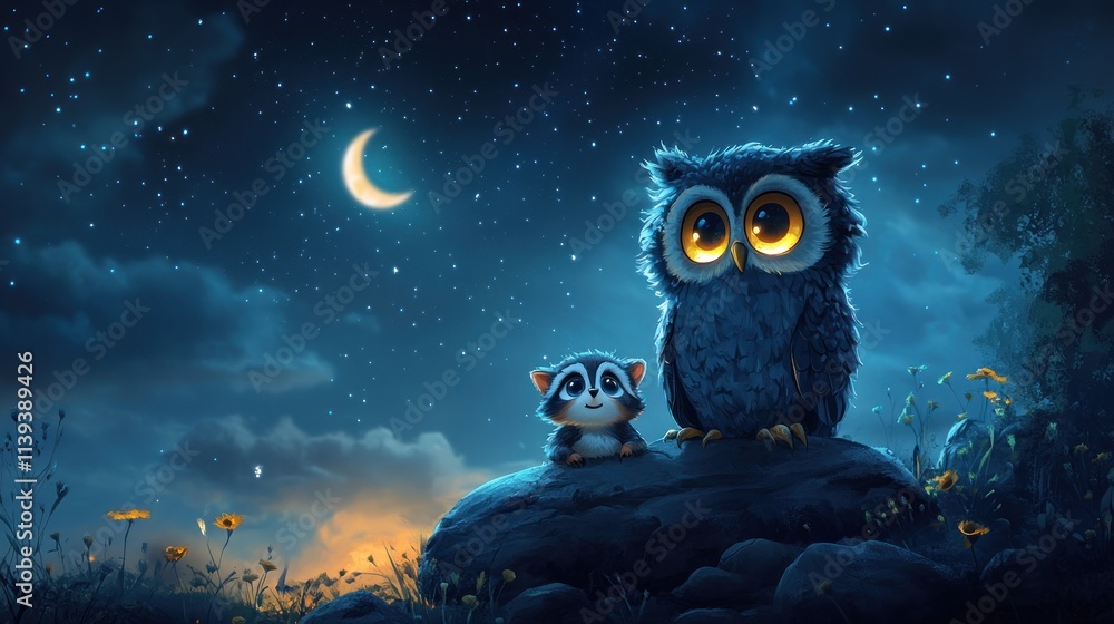 A whimsical night scene featuring a raccoon and an owl gazing at the starry sky and moon. A whimsical night scene featuring a raccoon and an owl gazing at the starry sky and moon.