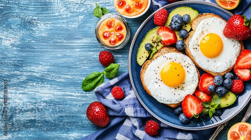 Nutritious breakfast plate featuring eggs, berries, and greens on a rustic table. Nutritious breakfast plate featuring eggs, berries, and greens on a rustic table.