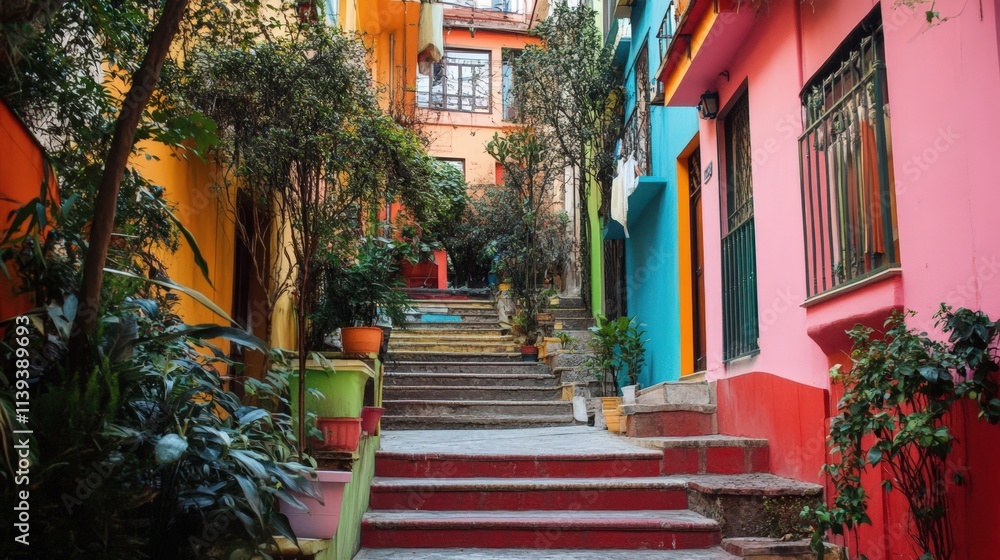 Fototapeta premium Colorful Buildings Line A Steep Stairway