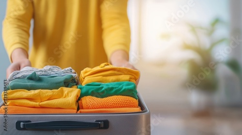 Folded colorful clothes neatly packed in a suitcase for travel with a person holding the luggage