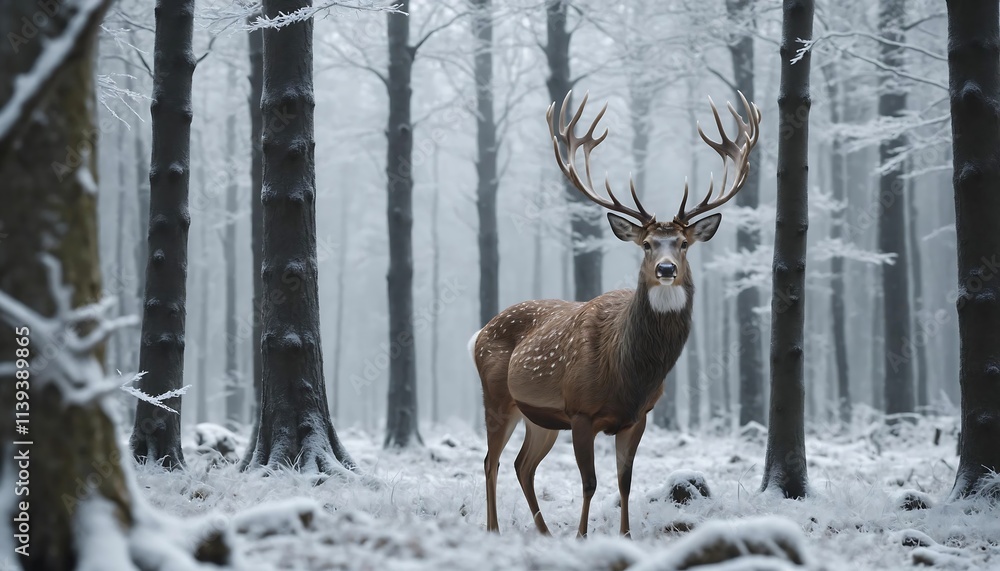 arge deer with antlers stands in a snowy forest arge deer with antlers stands in a snowy forest