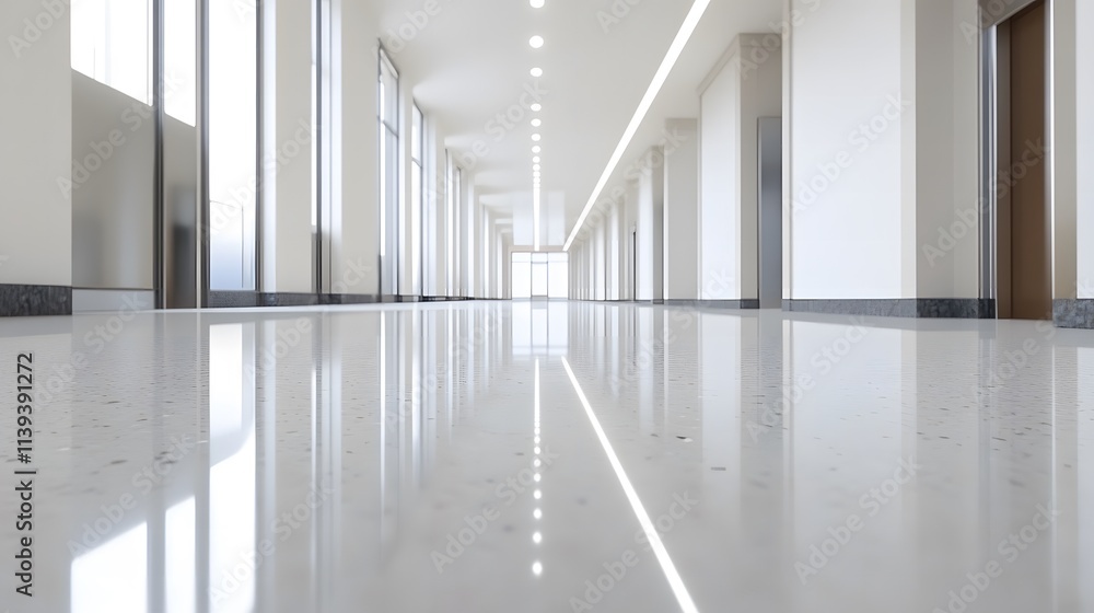 Fototapeta premium Modern Interior Hallway with Polished Floor, Bright Lighting, and Minimalist Design Highlighting Contemporary Architecture and Spacious Environment