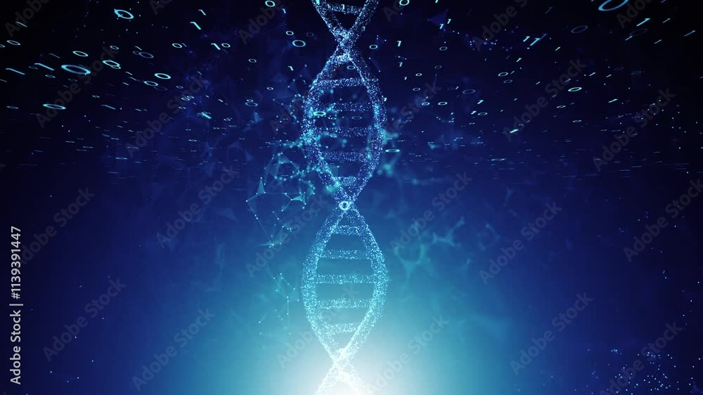 Looping dark glowing blue computer network with dna chain rotation. Concept technology and science animation.