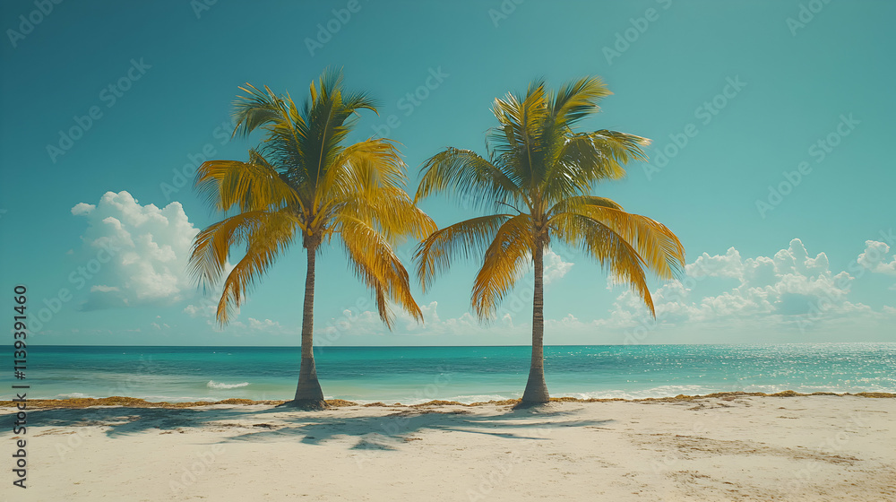 Fototapeta premium Tropical Paradise, Two Palm Trees Frame Turquoise Ocean and Sandy Beach Under a Sunny Sky