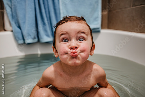 Close-up of a child making a fish face, pressing cheeks and puckering lips photo