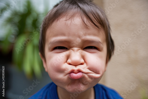 Close-up of a child making a fish face, pressing cheeks and puckering lips photo