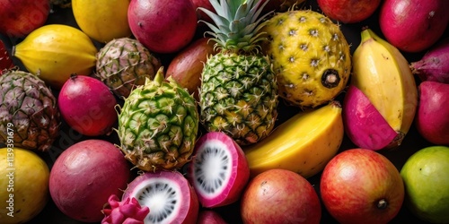 A colorful assortment of tropical fruits, including yellow and red dragon fruits, pineapples, and exotic coconuts, displayed vibrantly on a neutral background photo