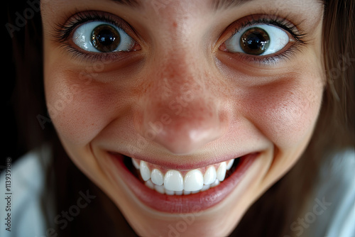 Woman with a big grin showing off exaggerated dimples, symbolizing cheerful goofiness photo