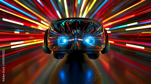 VR Headset, Futuristic Speed Through Neon Cityscape:  A virtual journey into vibrant, dazzling lights at breakneck speeds.