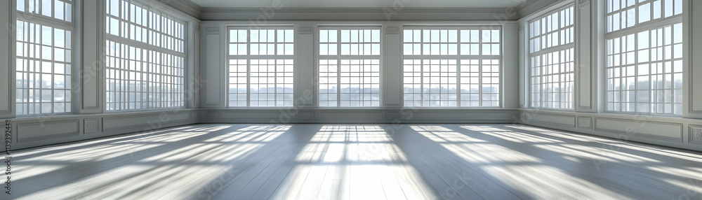 Sunlit Room with Large Windows and White Walls, offering Spacious Interior Design and Elegant Architectural Details. Sunlit Room with Large Windows and White Walls, offering Spacious Interior Design and Elegant Architectural Details.