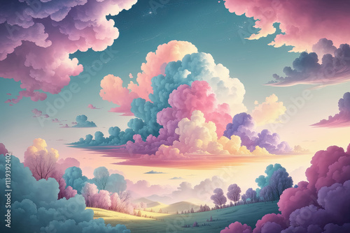 Whimsical sky with soft, puffy clouds in pastel colors, great for a dreamy vibe photo