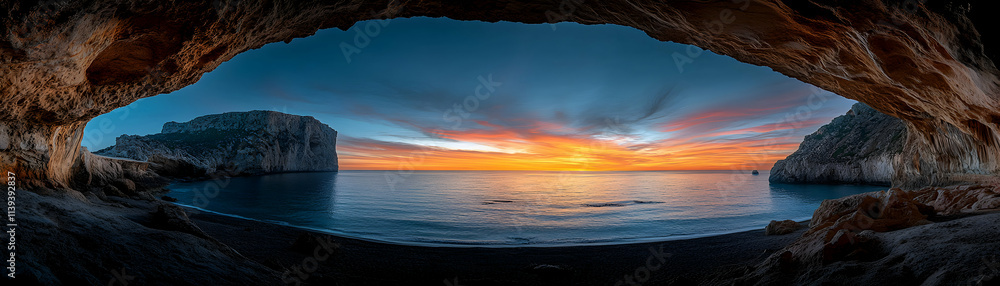 Fototapeta premium Coastal Cave Sunset, Dramatic ocean view from a rocky cavern, fiery sky at dusk, tranquil beach scene