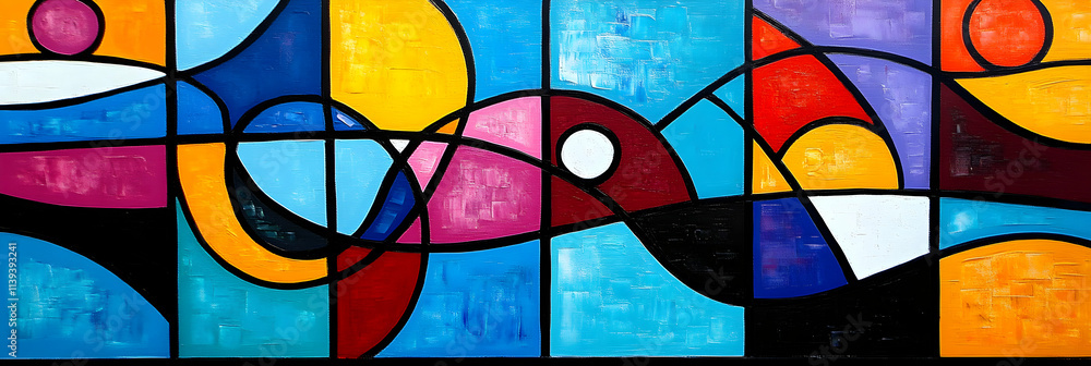 Fototapeta premium Abstract Colorful Grid, Interwoven Shapes and Vibrant Hues Dance Across Canvas