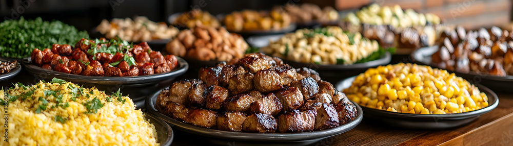 Delicious Buffet, An Array of Grilled Meats, Savory Sides, and Golden Grains Delicious Buffet, An Array of Grilled Meats, Savory Sides, and Golden Grains