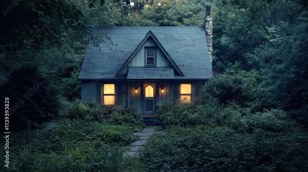 Fototapeta premium A secluded cottage glows warmly in the deep forest at night