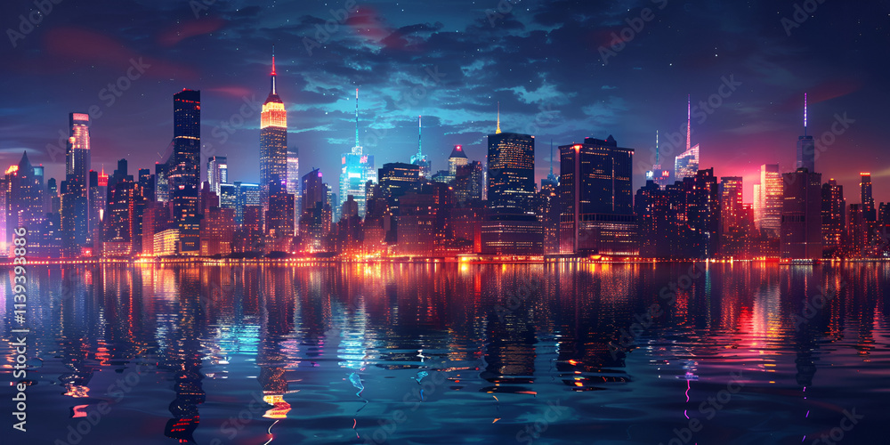 Stunning futuristic city skyline at night with colorful lights reflecting on the water. Stunning futuristic city skyline at night with colorful lights reflecting on the water.