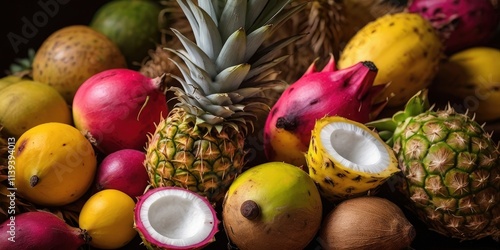 A colorful assortment of tropical fruits, including yellow and red dragon fruits, pineapples, and exotic coconuts, displayed vibrantly on a neutral background photo