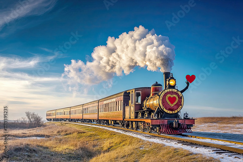 A train with a chimney puffing heart-shaped clouds, waving with its front carriage photo