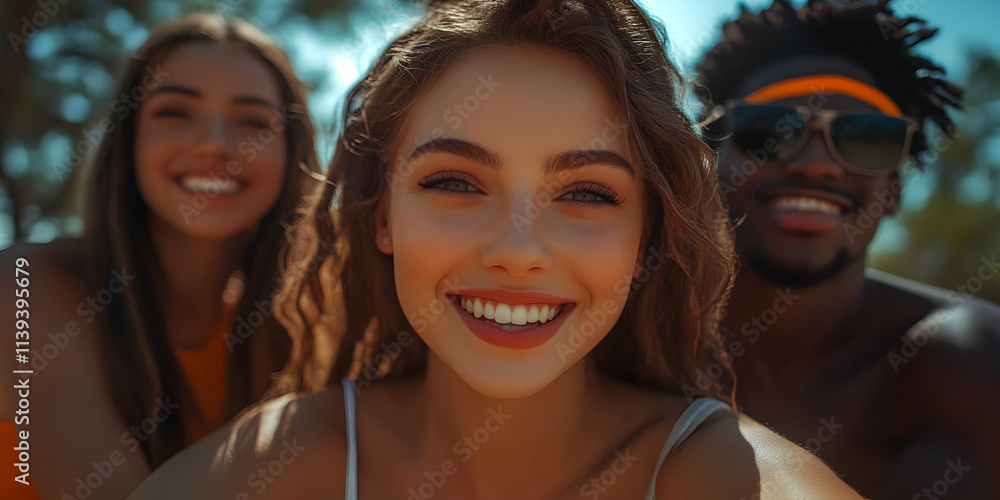 Smiling Friends Summer Photo, Happy Group Enjoying Sunny Day Outdoors Smiling Friends Summer Photo, Happy Group Enjoying Sunny Day Outdoors