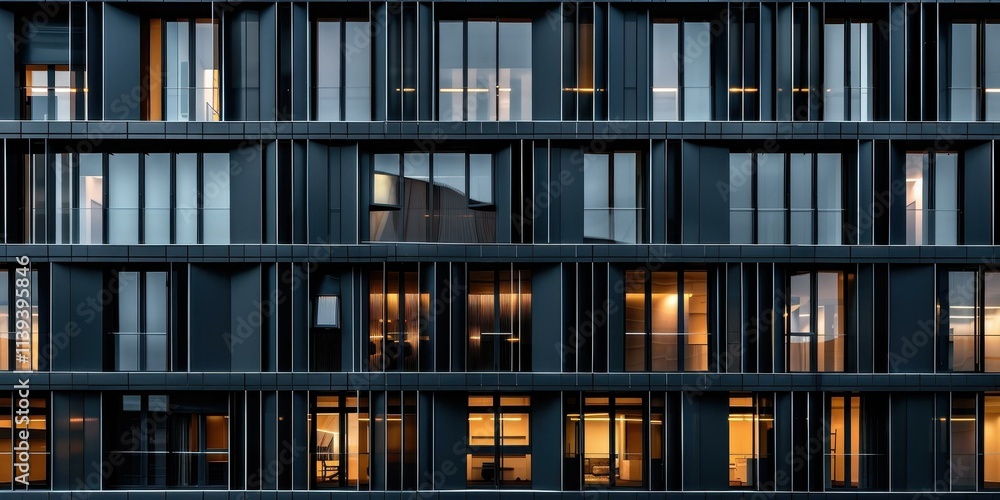 Sleek Modern Apartment Building at Dusk: Geometric Glass Facade and City Views Sleek Modern Apartment Building at Dusk: Geometric Glass Facade and City Views