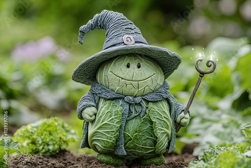 A cabbage with a wizard’s hat and a magic wand, looking like a garden magician photo